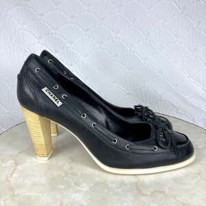 CHANEL Heel Pumps Womens 8 Black Patent Leather Luxury Block Heeled Dressy Shoes
